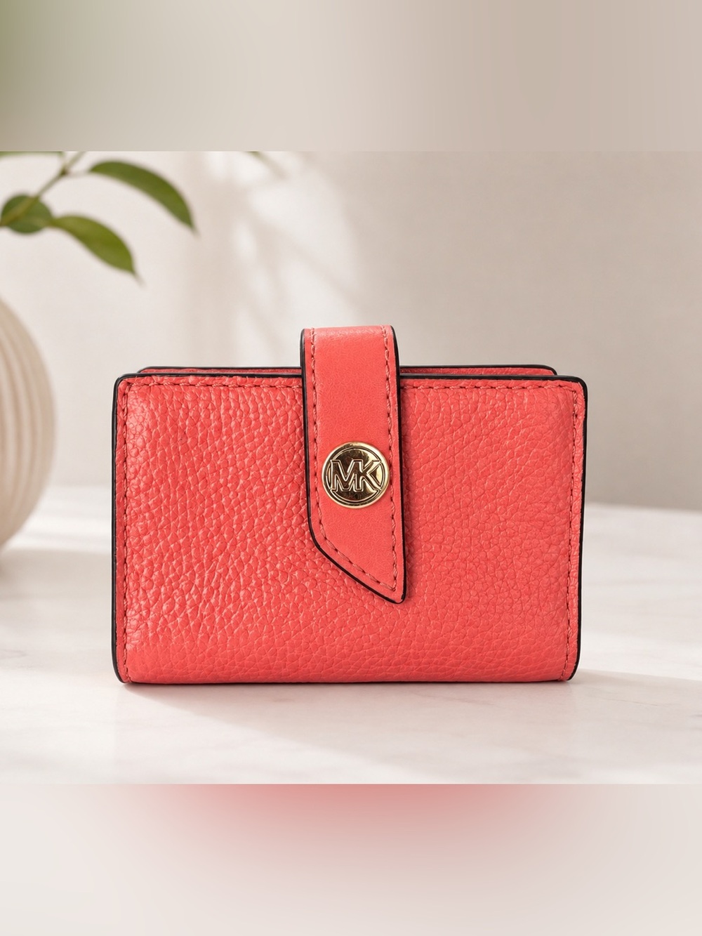 Michael Kors Coral Pebbled Leather Snap Wallet with Gold MK Accent